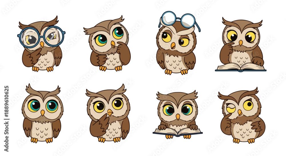 Fototapeta premium Adorable Animated Owls Expressing Various Emotions and Activities Set