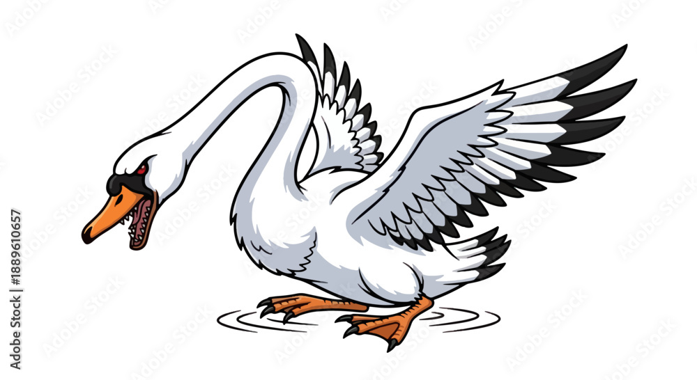 Fototapeta premium Aggressive white swan with wings spread wide hissing on the water surface