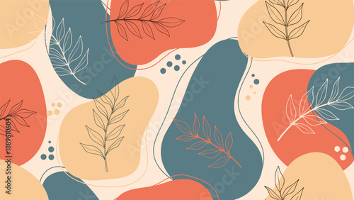 Contemporary abstract seamless pattern with organic shapes and sketched leaf branches in earthy tones on beige.