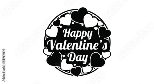 A circular black and white design displays the text happy valentine s day surrounded by multiple heart shapes