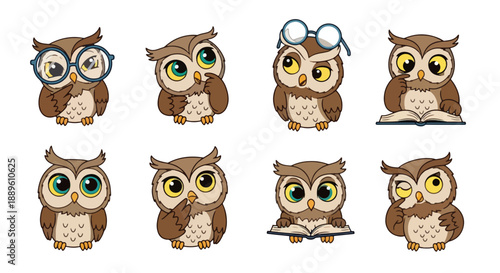 Adorable Animated Owls Expressing Various Emotions and Activities Set