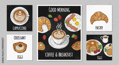 set of easter banners Coffee and Breakfast Poster Vector Set – Hand Drawn Cafe Menu Food and Drink Cards