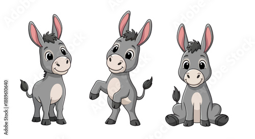 Three adorable cartoon baby donkeys posing happily on a clean white background