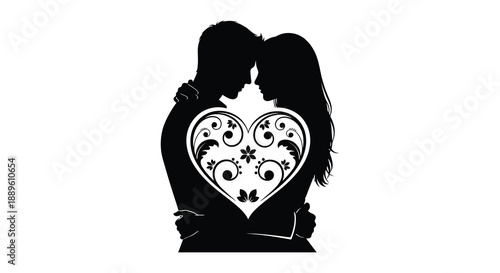 A silhouetted couple embracing with a detailed heart shape filling the space between them symbolizing love high quality
