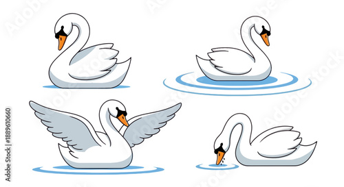 Charming pixel art illustrations of elegant white swans in different scenes