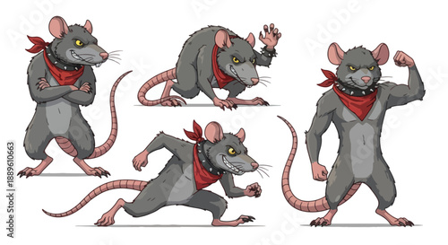 Tough cartoon street rats with bandanas and spiked collars in various poses