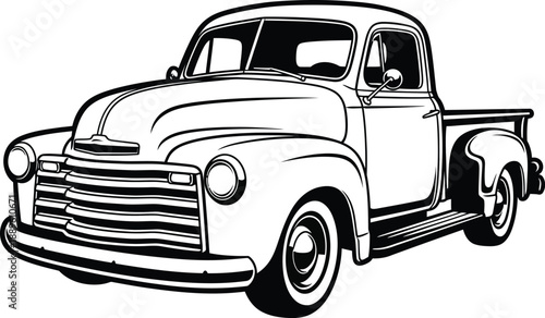 Classic American vintage pickup truck in a detailed black and white line art style 1.