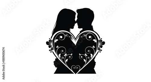 A striking silhouette depicts a couple embracing within the shape of an ornate detailed heart symbolizing love