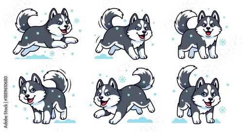 Adorable husky dogs having fun in the snow with playful expressions