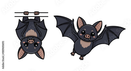 Cute Cartoon Bats Hanging Upside Down and Flying Friendly Mammals