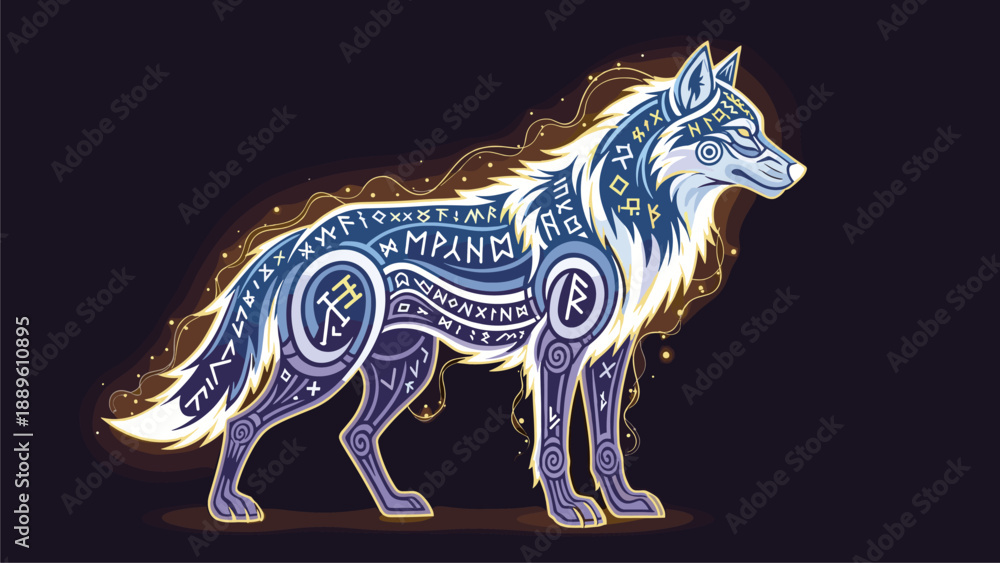 Fototapeta premium Ornate Wolf Illustration with Runes and Light