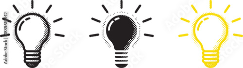 A set of light bulb icon on white background. Idea symbol. Electric lamp, light, innovation, solution, creative thinking, electricity. Outline, flat and colored style. Flat design.