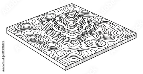 Isometric line art illustration of a topographic map depicting elevation contours for scientific concepts