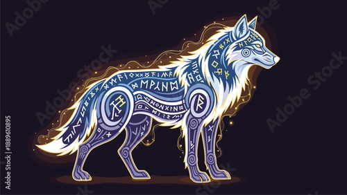 Ornate Wolf Illustration with Runes and Light