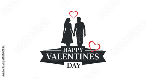 A romantic valentine s day illustration depicts a couple silhouetted against a heart filled background and festive text high quality