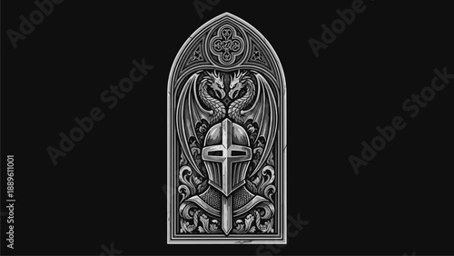 Medieval Knight Helmet Emblem with Dragons