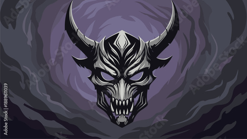 Oni Mask Illustration: Japanese Demon with Horns in Dark Vortex