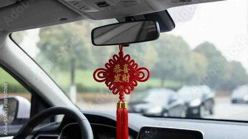 Chinese New Year ornament hanging on car rearview mirror