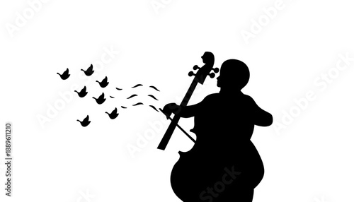 A silhouette of a musician playing a cello with birds flying away