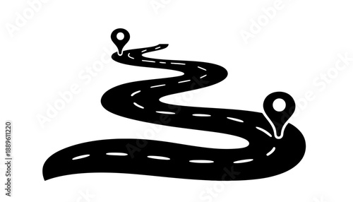 A winding road with two location pins on a white background