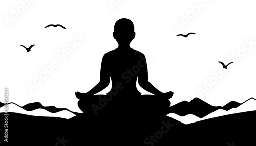 A person meditates in a serene mountain landscape with birds flying overhead
