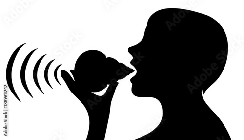 A person speaking into a handheld device with sound waves emanating from it