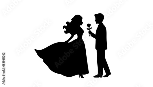 A romantic silhouette of a man giving a flower to a woman