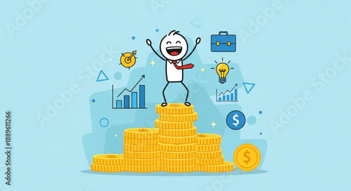 Happy Businessman Celebrating Financial Success Standing on Stack of Coins.