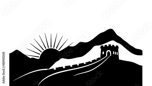A black and white illustration of the Great Wall of China at sunrise