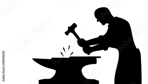 A black silhouette of a man hammering at an anvil