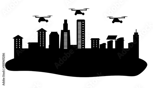 A black silhouette of a city skyline with drones flying overhead