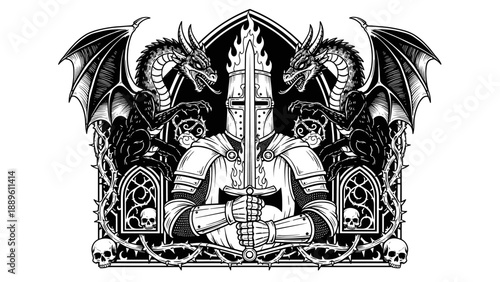 Knight with Sword and Dragons Illustration