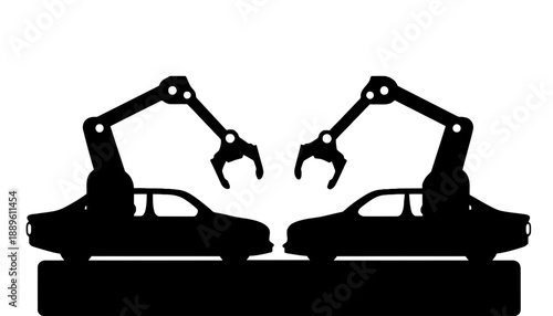 A black silhouette of robotic arms assembling cars on a production line