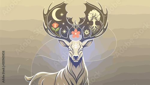 Mystical Deer Illustration - Moon, Tree of Life, and Flowers on Antlers