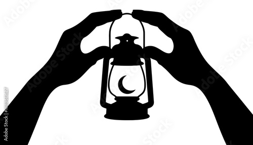 A pair of hands holding a lantern with a crescent moon inside