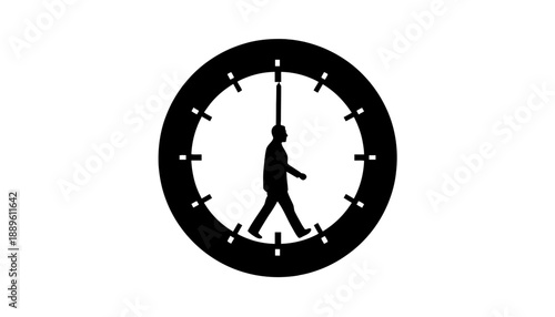 A black silhouette of a man walking on a clock face