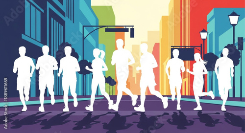 Group of diverse runners in silhouette on a city street during a marathon race.