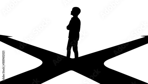 A silhouette of a man standing at a crossroads, contemplating his decision