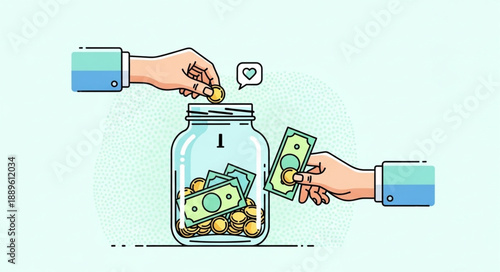Hands depositing coins and banknotes into a glass jar for savings.