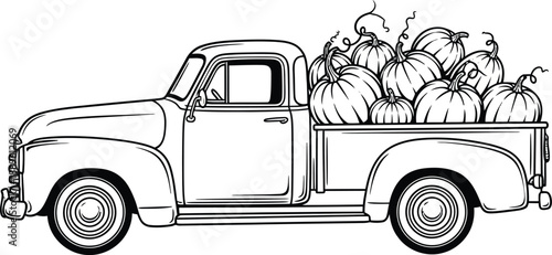 Classic vintage pickup truck loaded with harvest pumpkins Black and white line art illustration.
