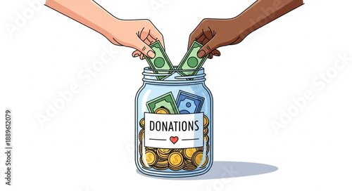 Hands Donate Money To Glass Jar With Donations Label.