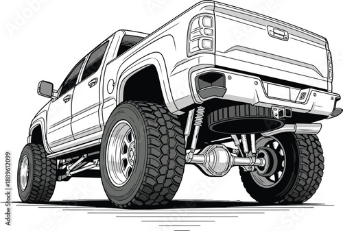 Custom lifted pickup truck illustration with aggressive offroad tires and detailed undercarriage.