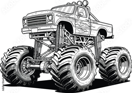 Detailed black and white illustration of a classic monster truck with massive tires lifted suspension and flame decals.