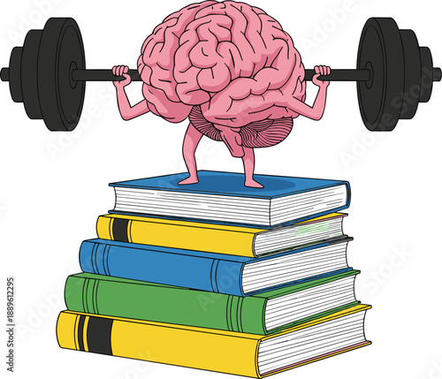 Brain lifting dumbbells while standing on books symbolizing mental strength intelligence learning education knowledge and cognitive training flat vector illustration