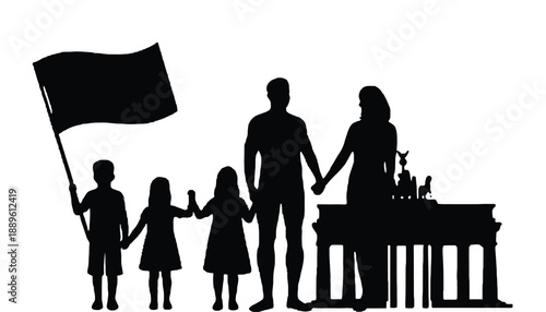 A family of five standing together in unity and solidarity with a flag