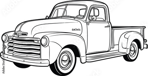Detailed black and white line art illustration of a classic vintage American pickup truck.