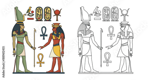 Ancient Egyptian Gods and Goddesses Mythology Illustration in Color and Black Line Art Version
