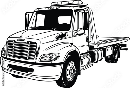 Detailed black and white line art illustration of a modern flatbed tow truck wrecker.