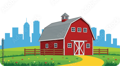 Red barn farmhouse landscape with city skyline background representing rural agriculture countryside contrast and modern urban development flat vector illustration