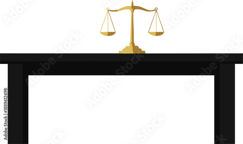 Justice scale placed on courtroom table symbolizing law balance fairness judgment and legal authority minimal flat vector illustration